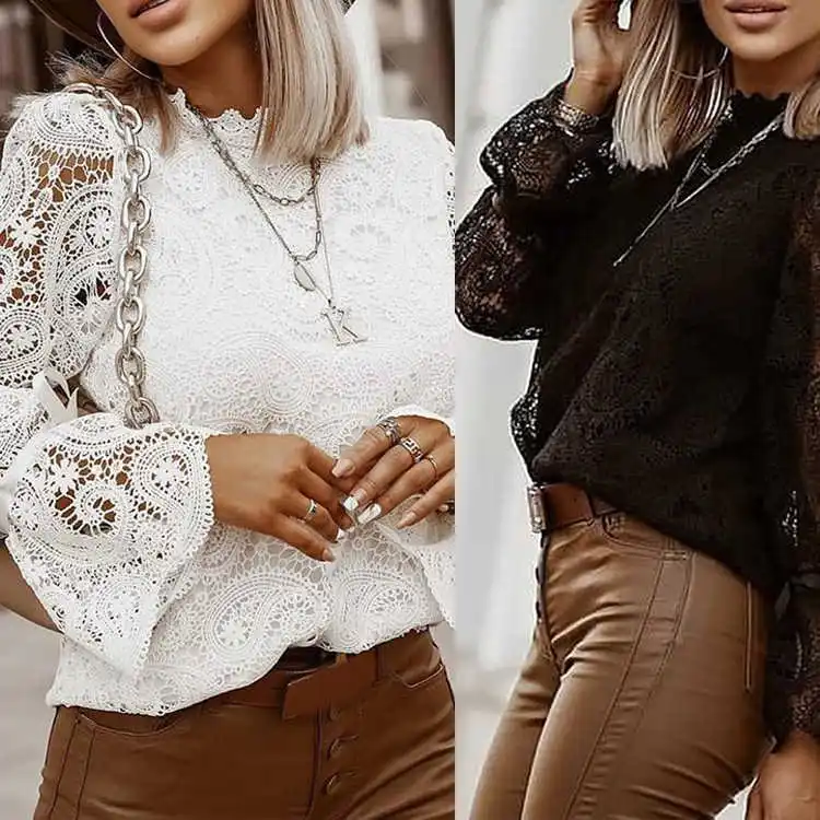 

Women Elegant Embroidery Hollow Out Lace Blouse Shirt Sexy Petal Long Sleeve Pullover Ladies 2021 Autumn Stand Collar Blusa Tops