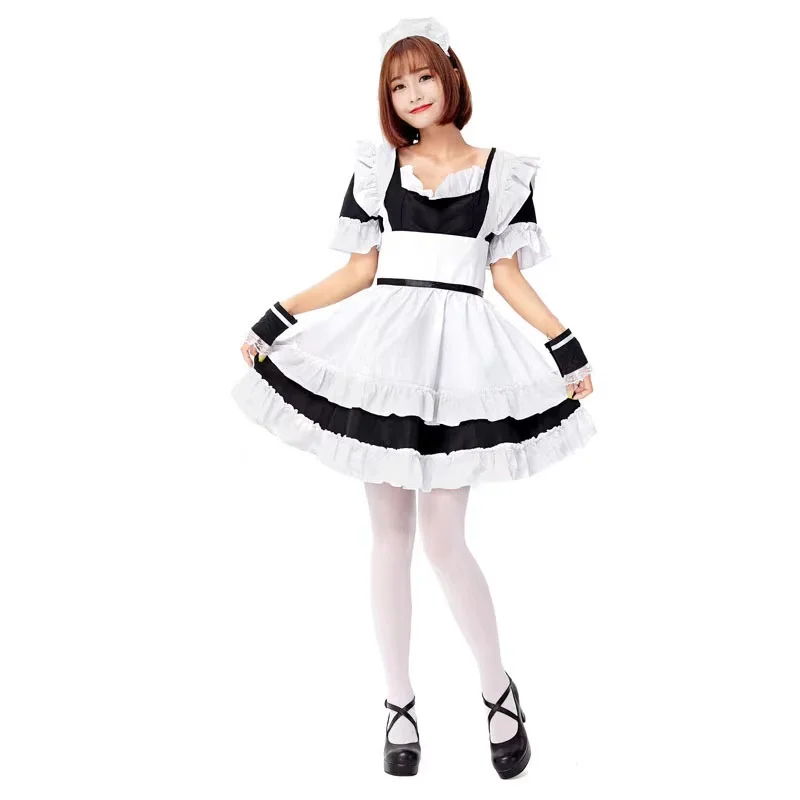 

Black White Women Halloween Japanese Maid Costumes Female Housekeeper Waitress Cosplay Purim Nightclub Bar Role Play Party Dress