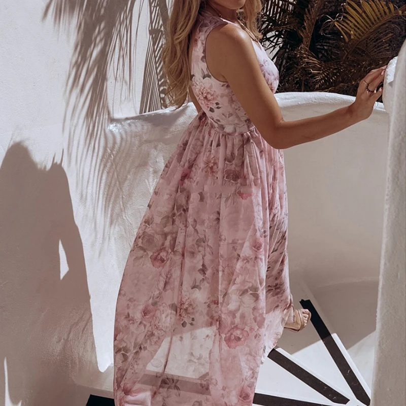 

Summer Ladies Floral Print Long Skirt Sexy Deep V-neck High Waist Slit Sleeveless Dress Casual Beach Holiday Style New Style