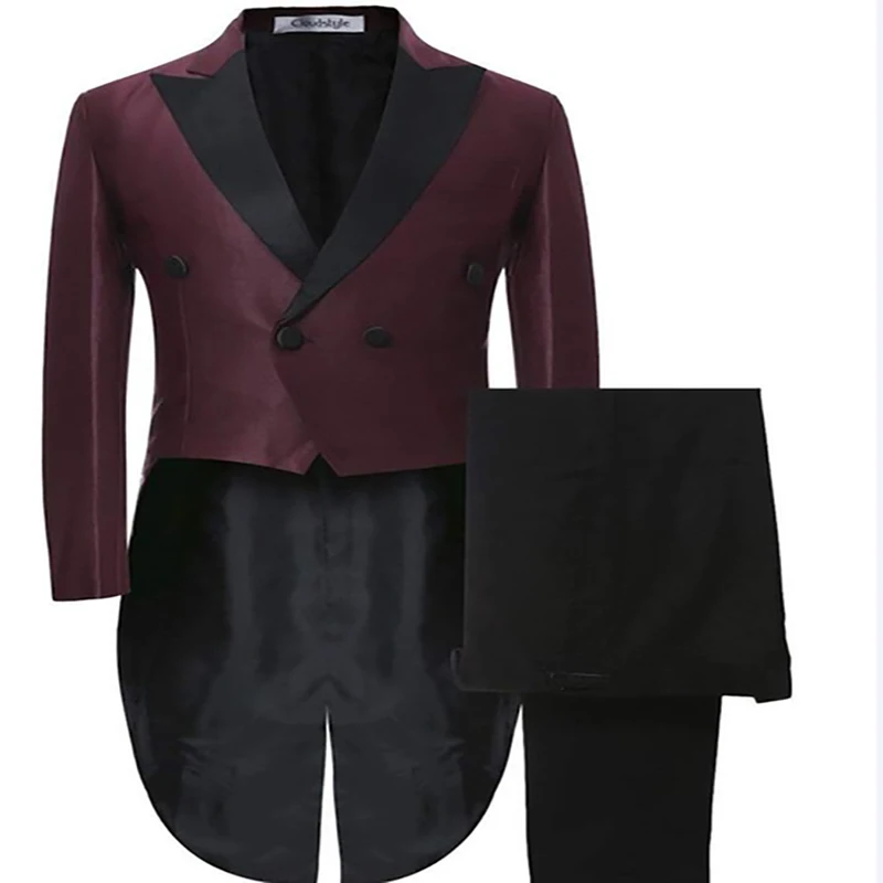

2020 Burgundy Mens Double-breasted Tuxedo Groom Formal Suit for Wedding Dinner Prom Costume 2 Piece Set (Blazer+Pants)