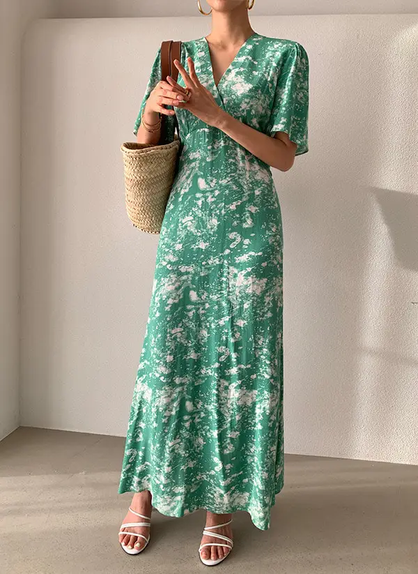

Korean Chic Long Maxi Dresses Elegant V Neck Slim Waist Dress Summer Printing A Line Vestidos YOU716