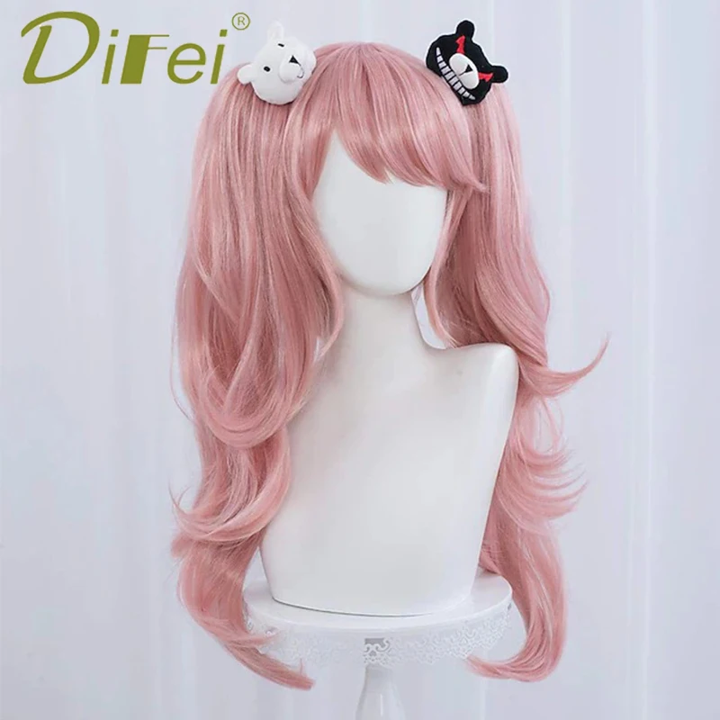 DIFEI Synthetic Pink Cute Bold Tiger Mouth Clip Wig Anime Shotgun Broken Female Cosplay Wig Heat Resistant Double Ponytail Wig