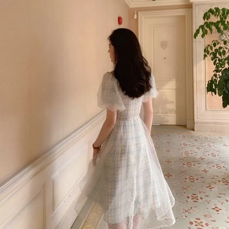 

French Vintage Retro Dress Women Elegant Plaid Lace Chiffon Fairy Dress Casual Puff Sleeve Summer Clothe Designer Dress 2021 New
