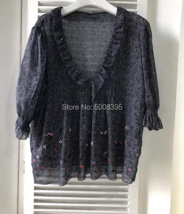 Серая печатная блузка v-образным вырезом гофрированная деталь Короткие рукава