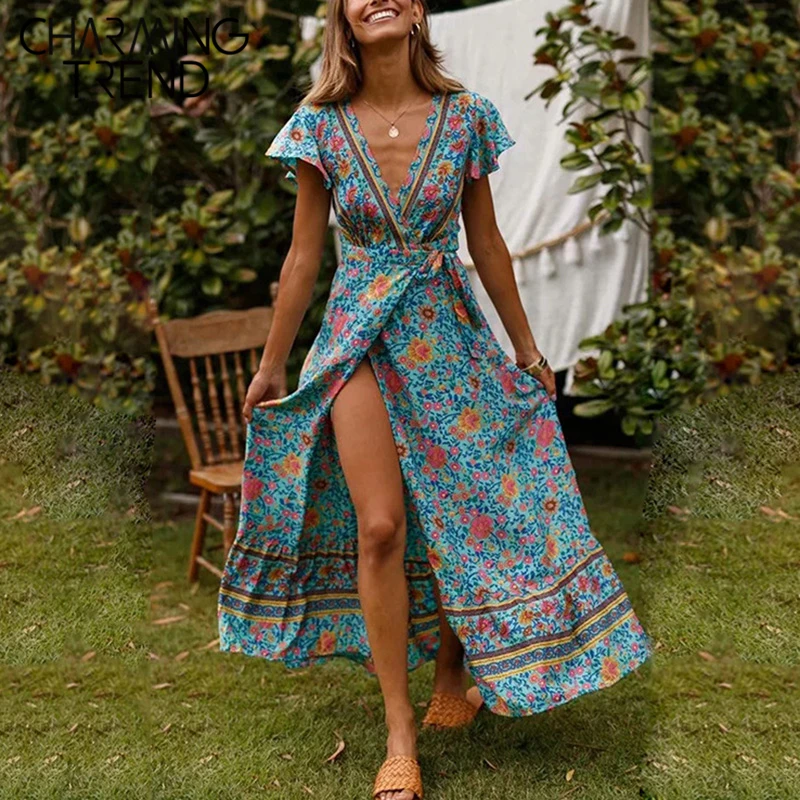 Женское длинное платье в богемном стиле с v образным вырезом и поясом Пляжное