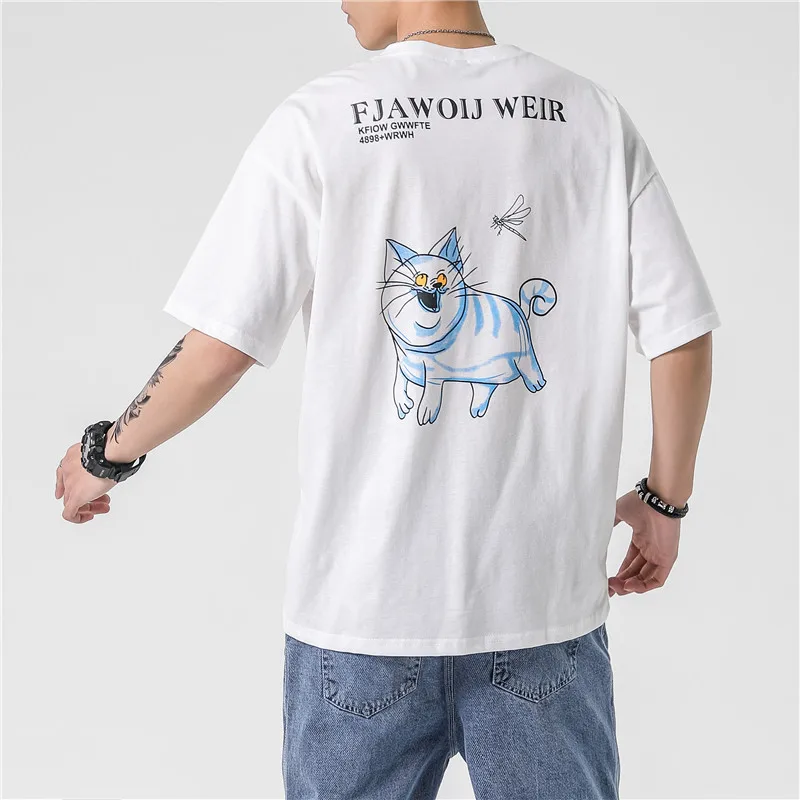 Повседневные мужские футболки уличная одежда футболка с рисунком кота Харадзюку