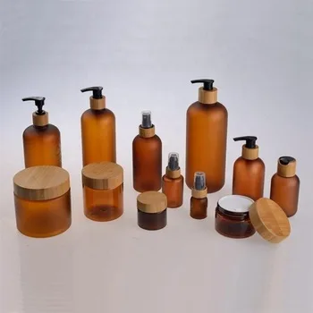 100pc*150g 250g Cosmetic Pump Spray Cream amber frosted Bottles with Bamboo Top Caps Makeup Eco Friendly Bottle Jar - купить по