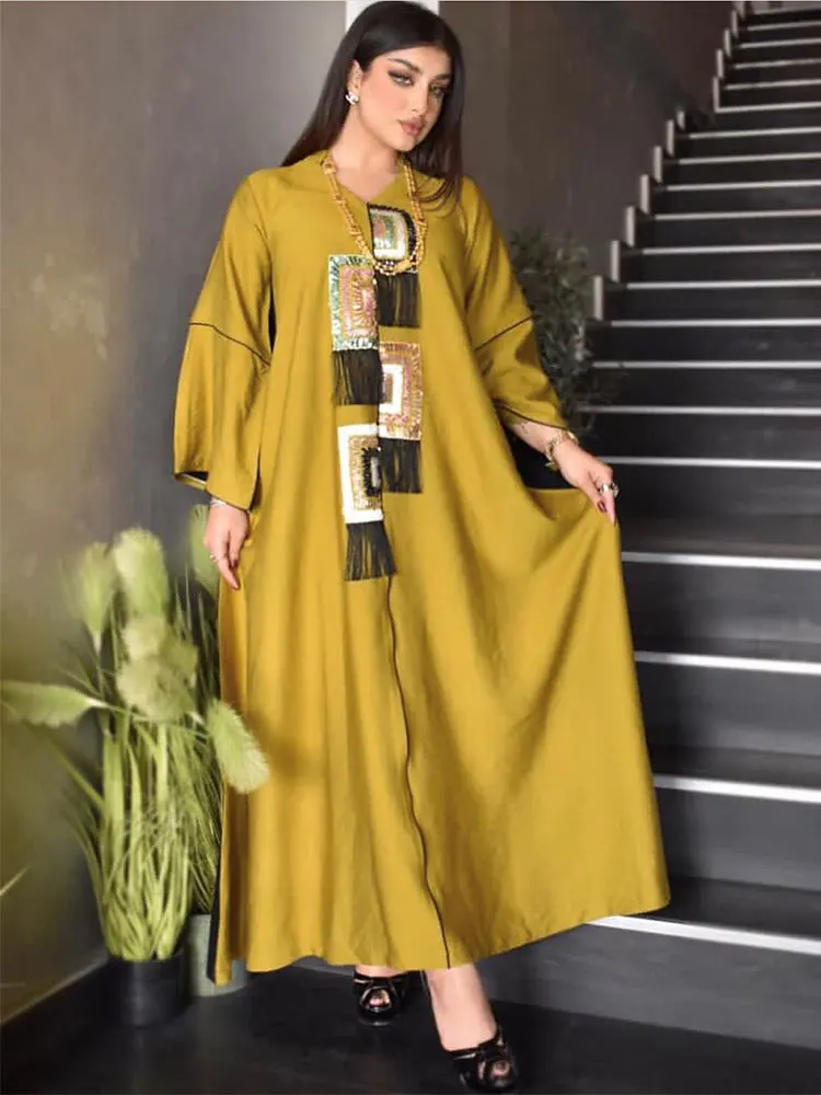 

Кафтан с кисточками Jalabiya, хлопковое платье с блестками, арабское, мусульманское, Африканское длинное платье, мусульманский, мусульманский, Дубайский, Саудовский халат, марокканский кафтан, праздничная абайя Рамадан