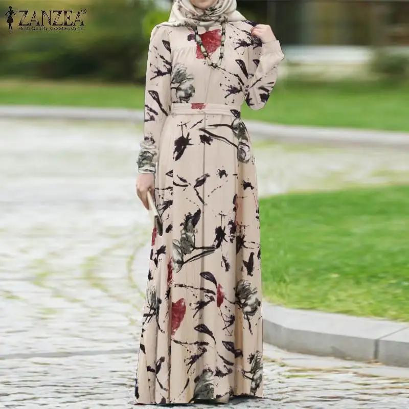 

Kaftan Printed Floral Dress Abaya Morocco Long Maxi Dress ZANZEA Women Spring Muslim Dress Bohemian Casual Sundress Robe Femme