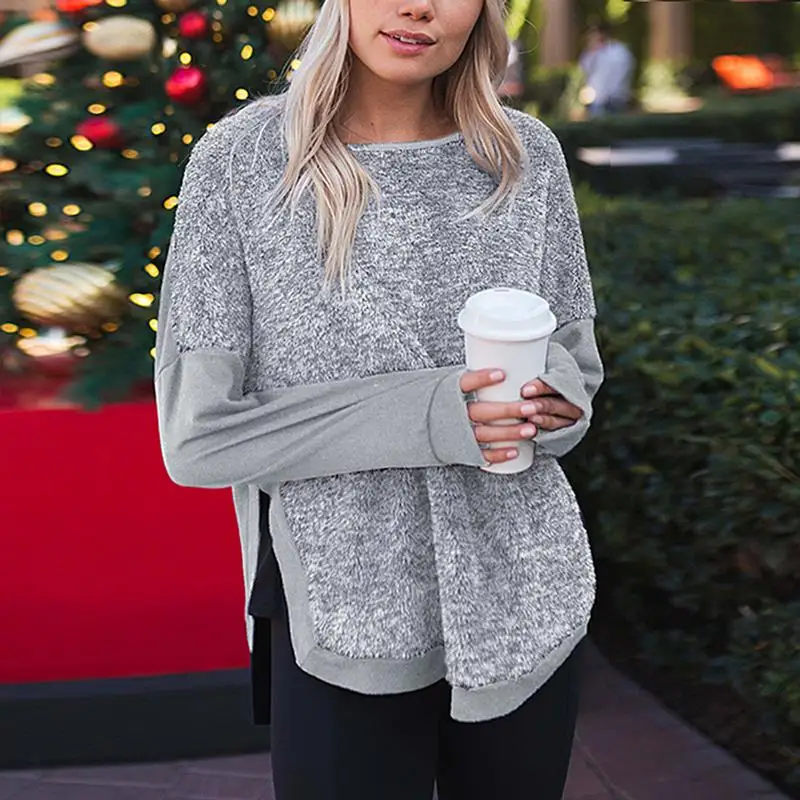 

Side Spilt Hoodies Women Loose Trendy O Neck Sweatshirt Korean Style Long Sleeve Womens Chic Warm Cotton Pullover SJ3914X