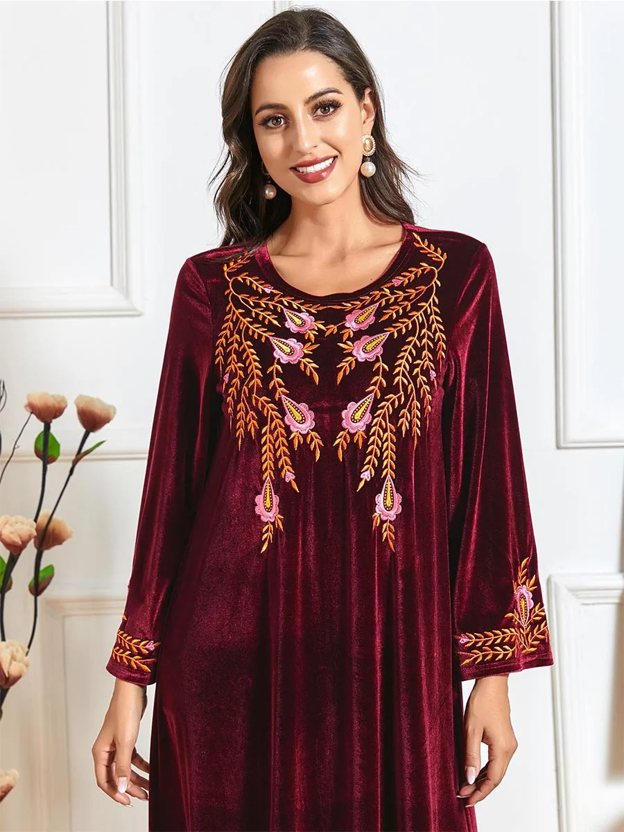 Женское винтажное бархатное платье макси с цветочной вышивкой зимнее плотное