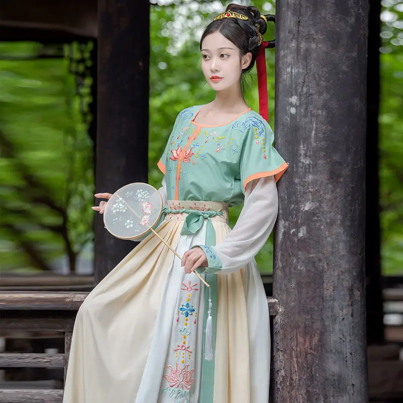Китайский стиль женские восточные винтажные костюмы Hanfu Цветочная вышивка