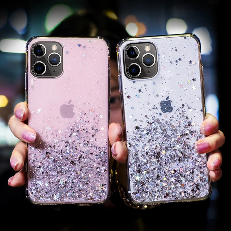 Модный Блестящий чехол для iPhone 11 Pro Max XR X XS блестящий со звездой 7 8 Plus мягкий