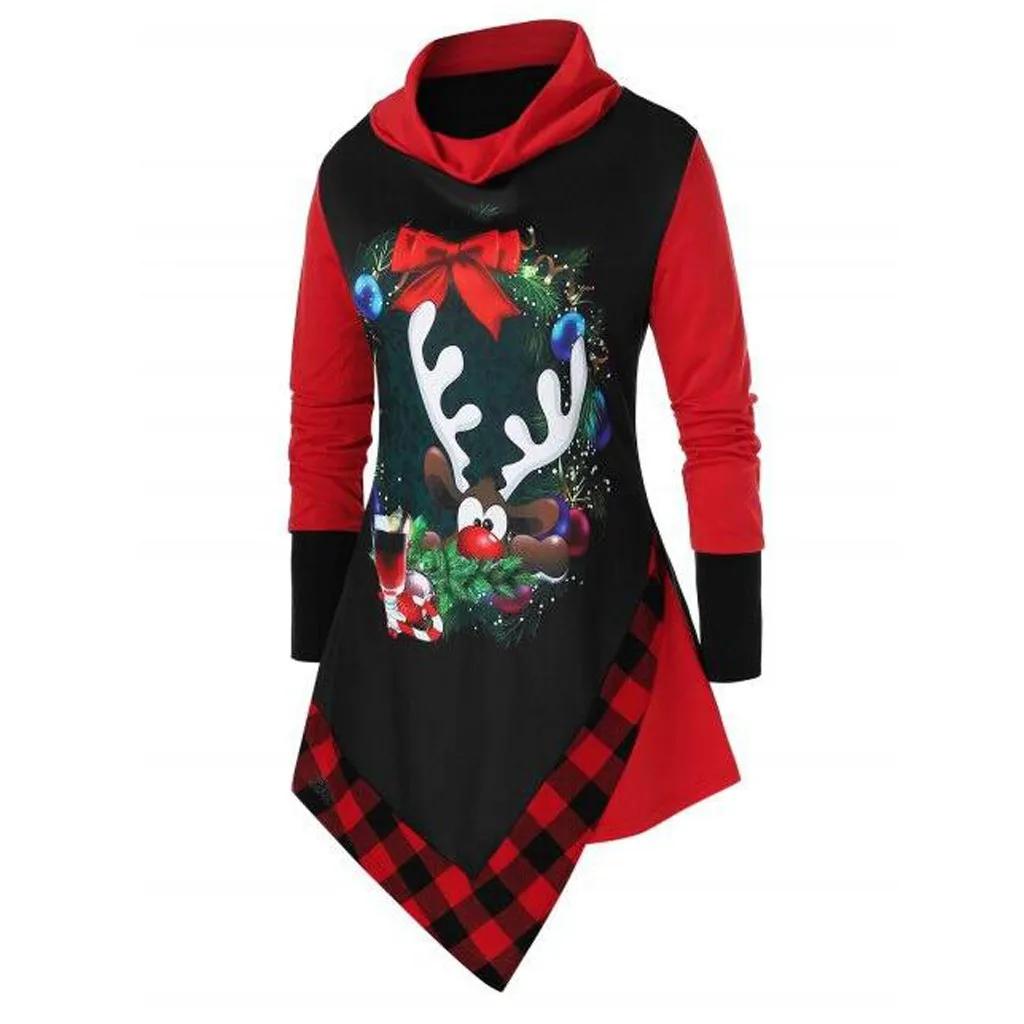 Женская рождественская клетчатая длинная футболка с принтом оленя бархатный