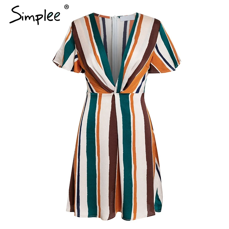 Женское платье в радужную полоску Simplee летнее с глубоким вырезом и коротким
