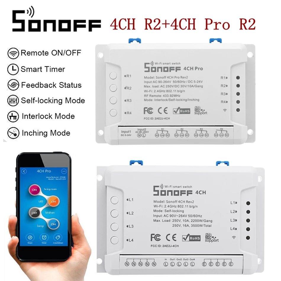 Sonoff 4CH R2 Pro R2 433 МГц банда RF беспроводной пульт дистанционного управления Умный дом Wifi модуль умный переключатель инчинг интерлок реле Alexa Google
