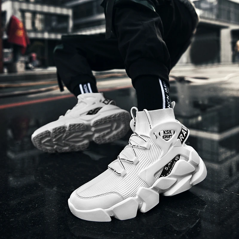 

High Top Casual Men Shoes Breathable Soft Sock Sneakers Men Black and White Shoes Big Size Custom Logo Packing for Drop Shipping