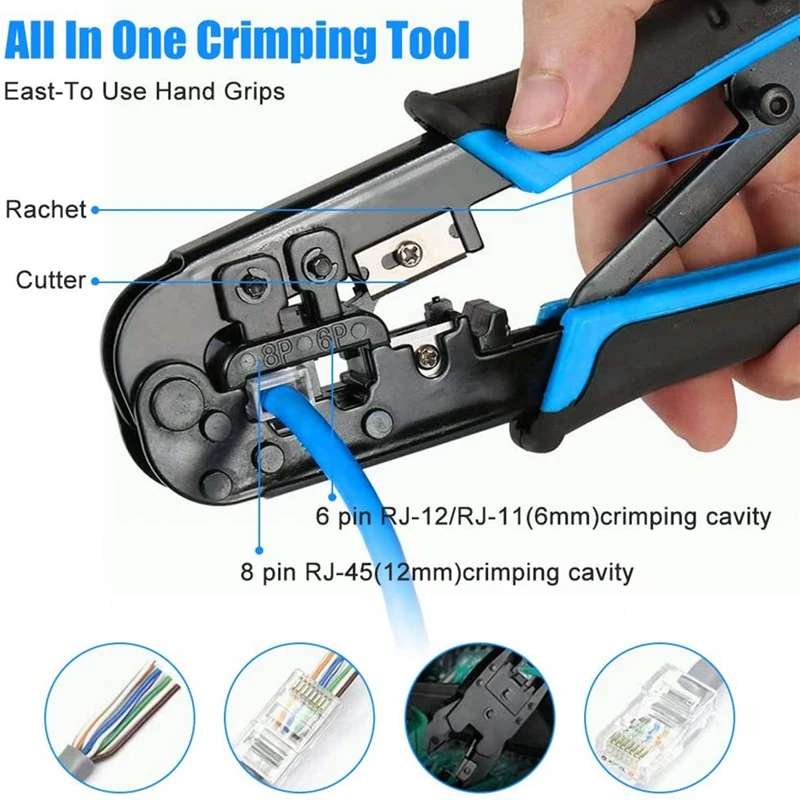 

RJ45 Crimp Tool Kit Cat5 Cat5E Crimping Tool,RJ-11,6P/RJ-12,8P/RJ-45 Crimp Tool,Network Cable Tester and Wire Stripper