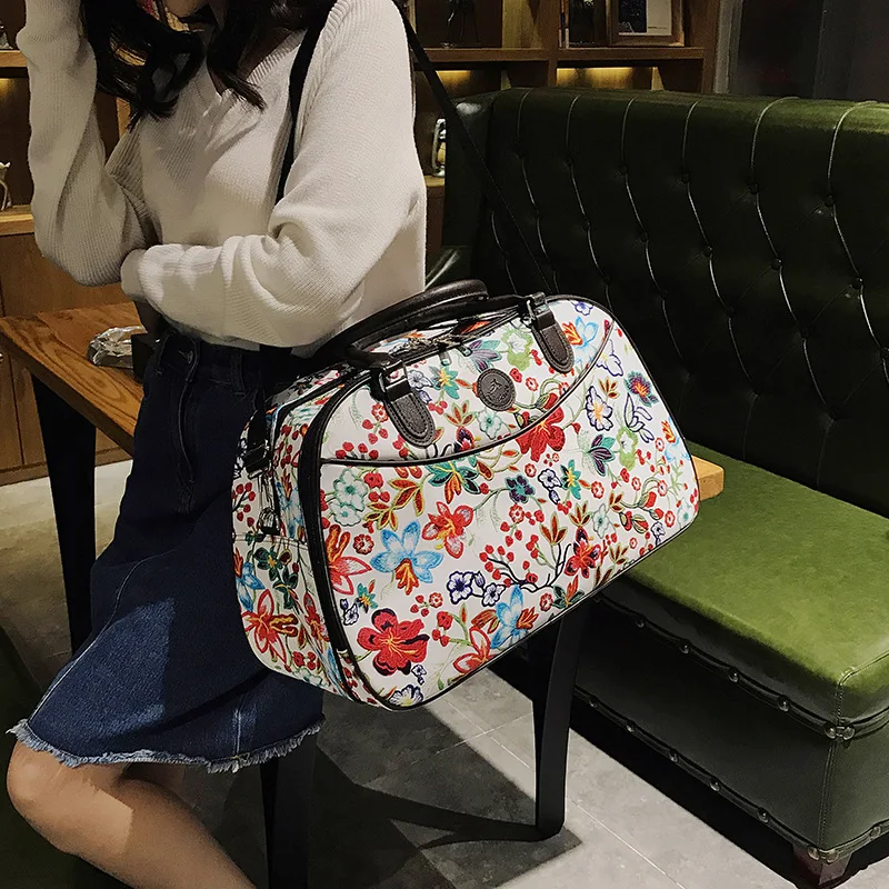 Leather Women Travel Bags Handbags New Fashion Portable Hand Fitness Floral Duffel Bag Waterproof Weekend Bag For Lady XA790WB