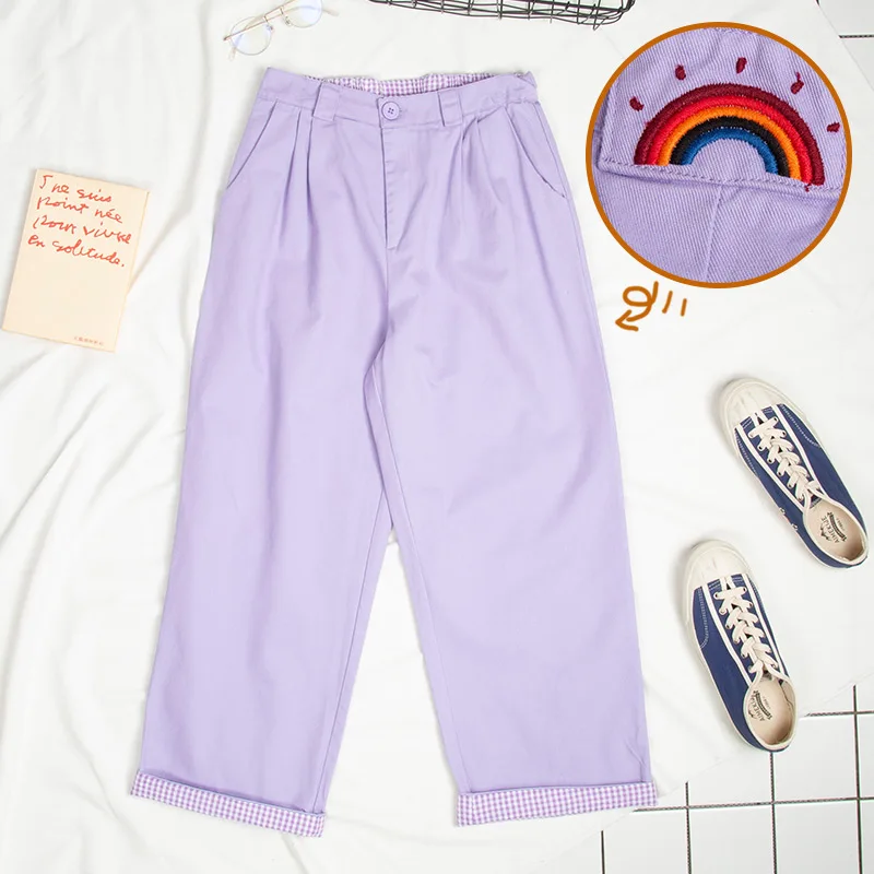 Милые фиолетовые брюки в стиле Харадзюку для женщин милые винтажные клетчатые