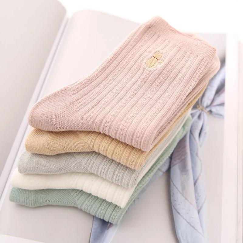 

3/2/1pair Women Socks Cotton Breathable Spring Summer Autumn Embroidery Solid Color Short Socks for Woman Girls Hosiery Meias