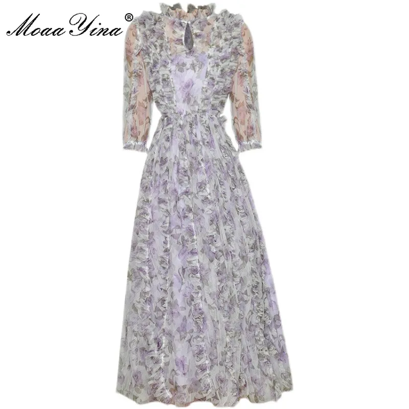 

MoaaYina Fashion Designer Summer Mesh Dress Women's Half sleeve Purple Flower print Elegant Holiday Party Dress