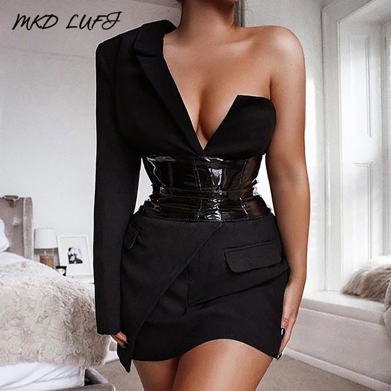 Женское мини платье блейзер на одно плечо с глубоким v образным вырезом