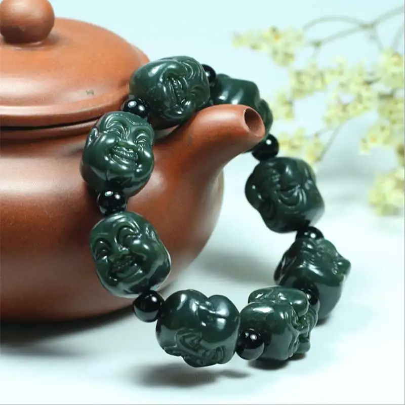 

Natural Hetian Qingyu Buddha Head Beads Jade Bracelet Jewelry Lucky Safety Auspicious Amulet Jade Bracelet Bracelets for Women