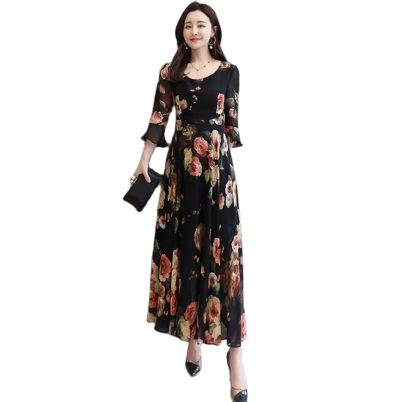 

Dresses New Printed Large Size Women's Fashionable Closed waist A Dress Fat mm Chiffon Dresses for Summer Garments in 2021