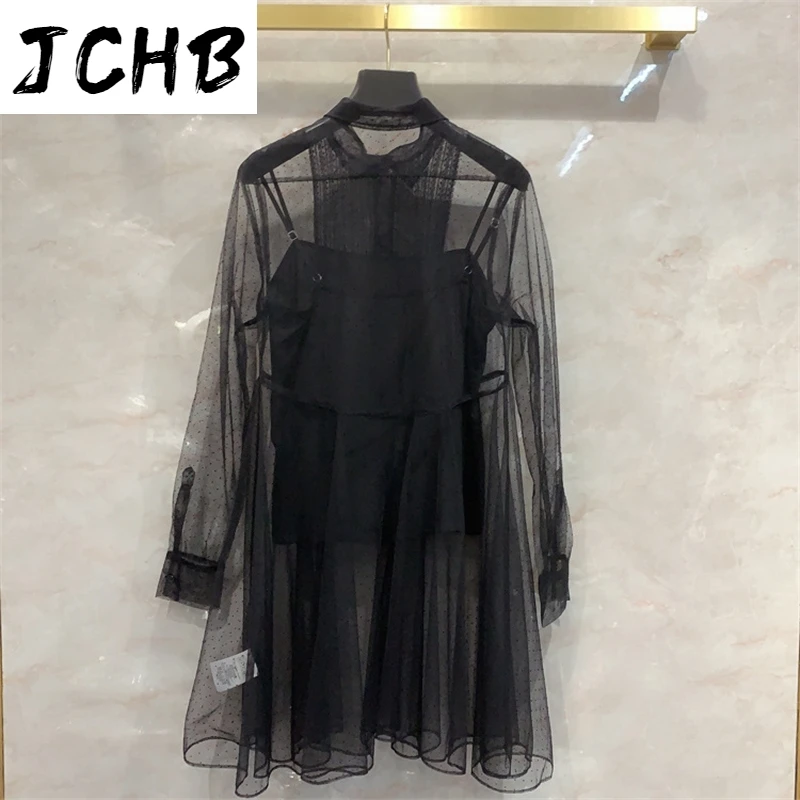 

High-end Shirt Two-piece Skirt 2021 Early Spring Women New Semi-transparent Lining Halters Dress High-waist Long Sleeve Dresses