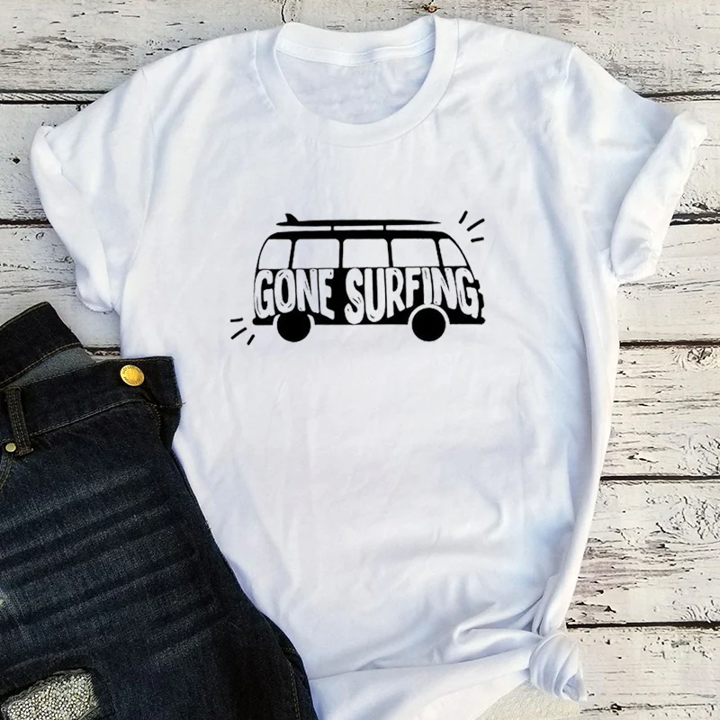 

Gone Surfing Summer T-shirt 2021 Women Holiday Beach Fashion Clothing O-Neck Cartoon Black Tee Kawaii Clothes Harajuku