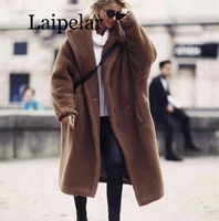 laipelar new fashion winter oversized long camel coat woman high quality faux fur fuzzy jacket brown shaggy teddy coat
