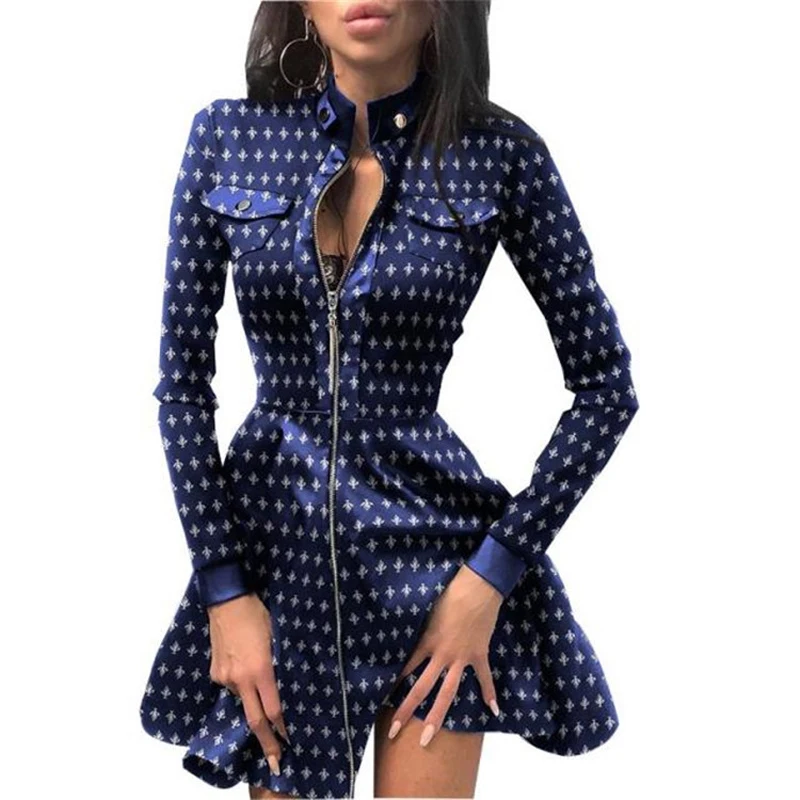 

Women Fashion Mini Dress Sexy Zipper Lace Stand Colloar Pockets Long Sleeve Patchwork Party Dress Elegant Slim Dress Spring 2021