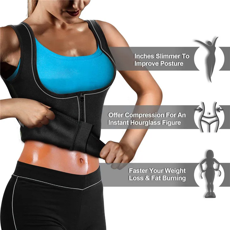Junlan Women Reducing Sauna Vest with Zipper Neoprene Tummy Control Waist Trainer Shaping Tops Body Slimming Shapers Fat Burning
