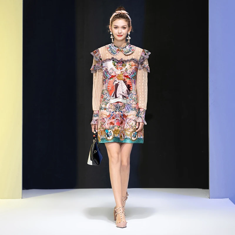

High Quality Designer Spring Summer New Style Women'S Vintage Fashion Party Casual Sexy Lace Stitching Ruffle Print Chic Dress