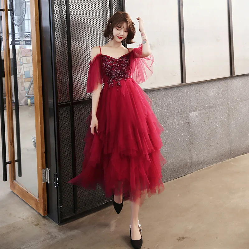 

Beading Prom Gowns Tea-length Burgundy Boat Neck Off the Shoulder Sleeves Tiered Plus Size Customized Woman Party Dresses R1523
