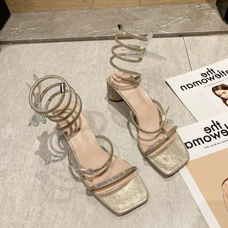 

High Heel Sandal for Women 2021 Summer Clear Shoes Suit Female Beige High-heeled Block Rhinestone New Girls Comfort Black Bow