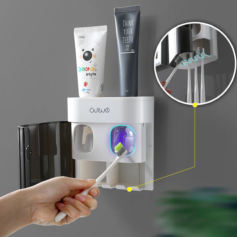 

Автоматический диспенсер для зубной пасты с пыленепроницаемой крышкой настенный держатель для зубных щеток для дома аксессуары для ванной...