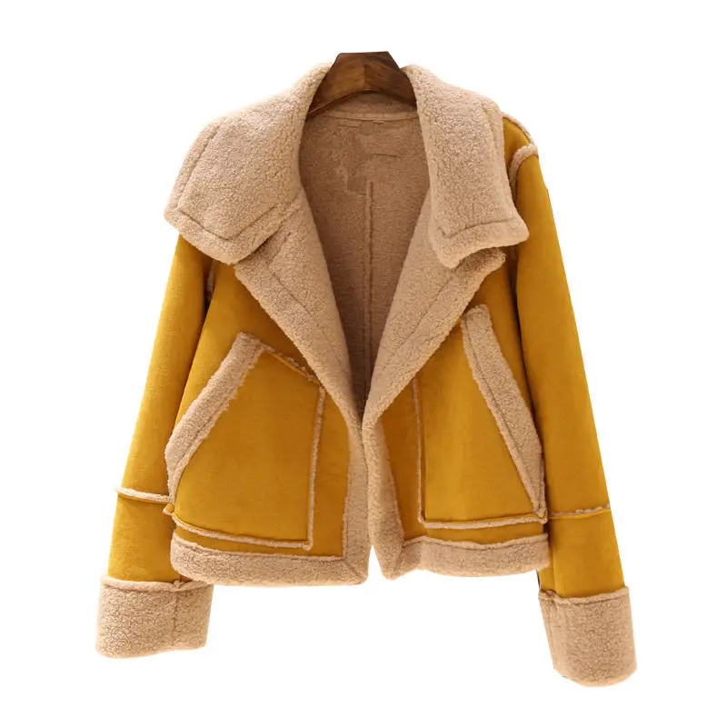 Yellow Vangull зимние сапоги из замши женские куртки Плетеные Теплые из шерсти ягнёнка, кашемир кожаная куртка Повседневное, плотное пальто с длинными рукавами и короткая верхняя одежда - Цвет: Yellow