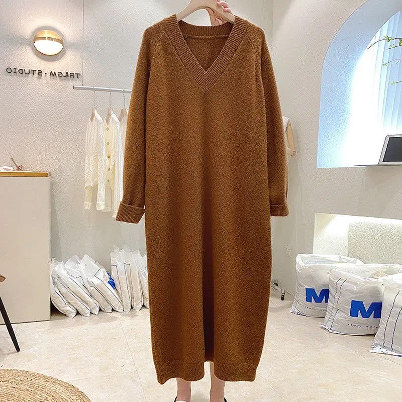 

Autumn Winter Large Size Loose Mid-Length Solid Color Knitted Dress Women's V-neck Dresses for Women Vestido De Mujer