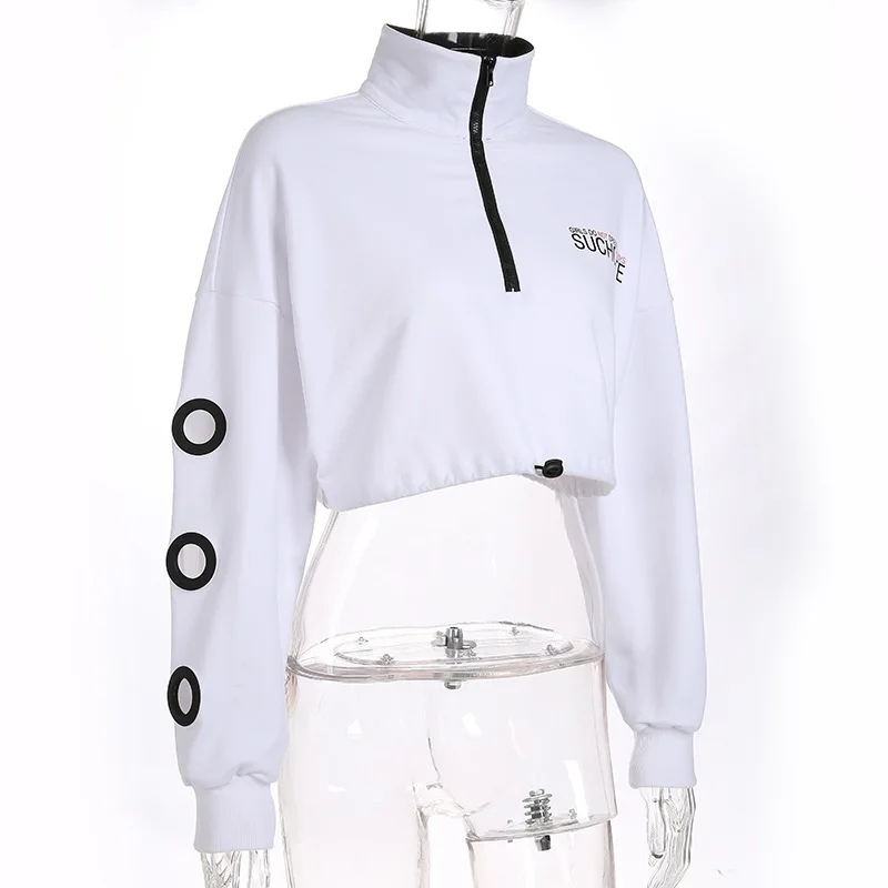 

Batwing Long Sleeve Hoodies Women Autum Casual Letter Print Hole Dawstring Crop Top Turtleneck Zipper Loose Streewear Hoodies