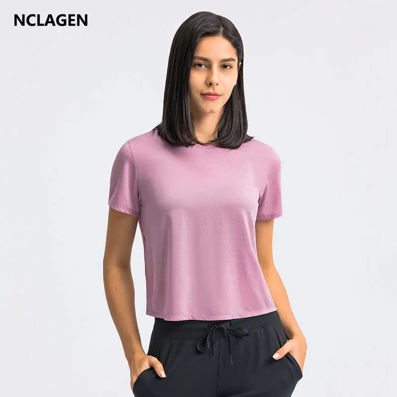 

NCLAGEN Sport Shirt Women Short Sleeve Summer New Round Neck Loose Breathable Running Fitness Yoga Blouse Gym Elastic Tank Top