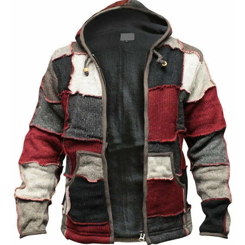 

CAshmere free autumn and winter zipper color matching cardigan loose casual men's warm Hooded Sweater