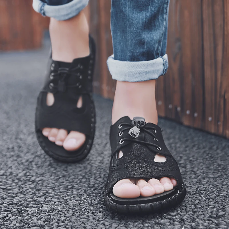 

Shoes Men Sandals Mens Sandals Hollow Breathable Beach Dress Leather Men Casual Men's Size 44 Footwear Sandalias De Hombre