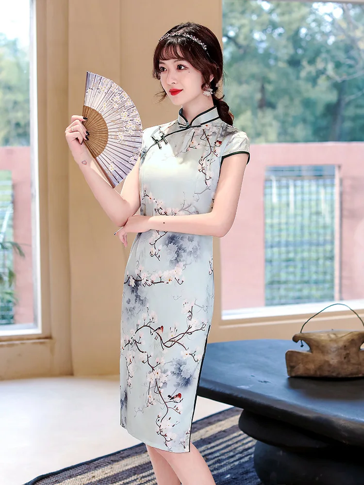 

3XL Women Print Mandarin Collar Cheongsam Elegant Slim Mid-Length Straight Skirt Evening Party Chinese Dresses Summer Qipao