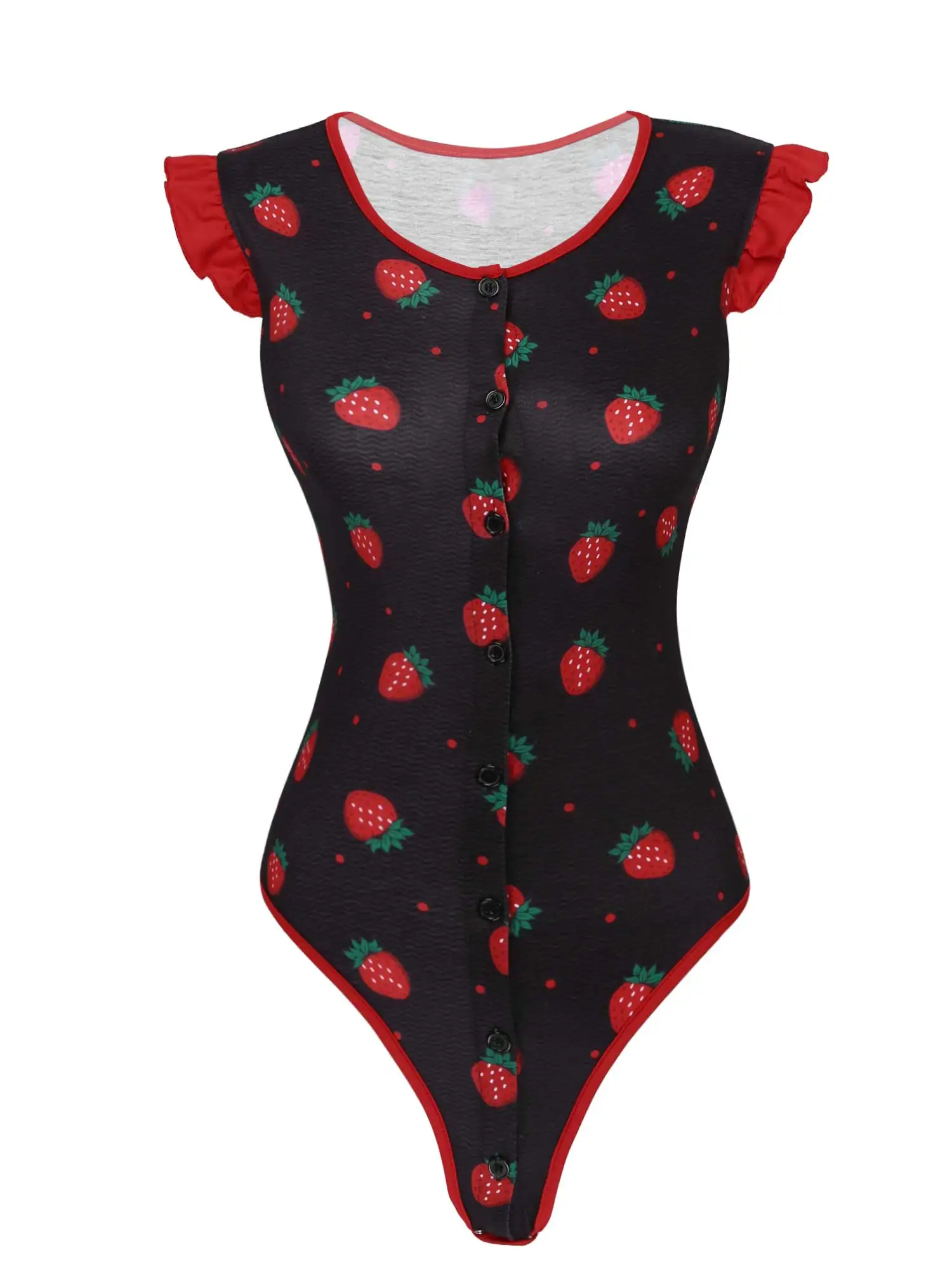 

Adult Womens Erotic Sexy Bodysuit Strawberry Pattern Round Neck Sleeveless Button Closure Bodysuit Romper Sleepwear Nightwear