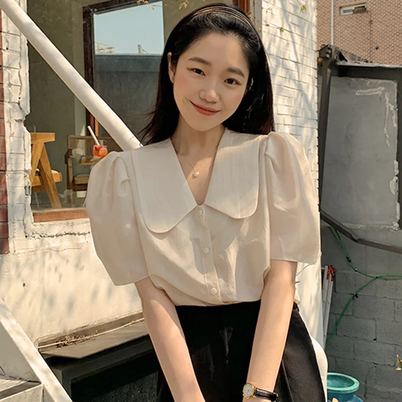 

Limiguyue женская рубашка Летняя нежная элегантная шифоновая рубашка с воротником Питер Пэн однобортная блузка с коротким пышным рукавом Топ ...