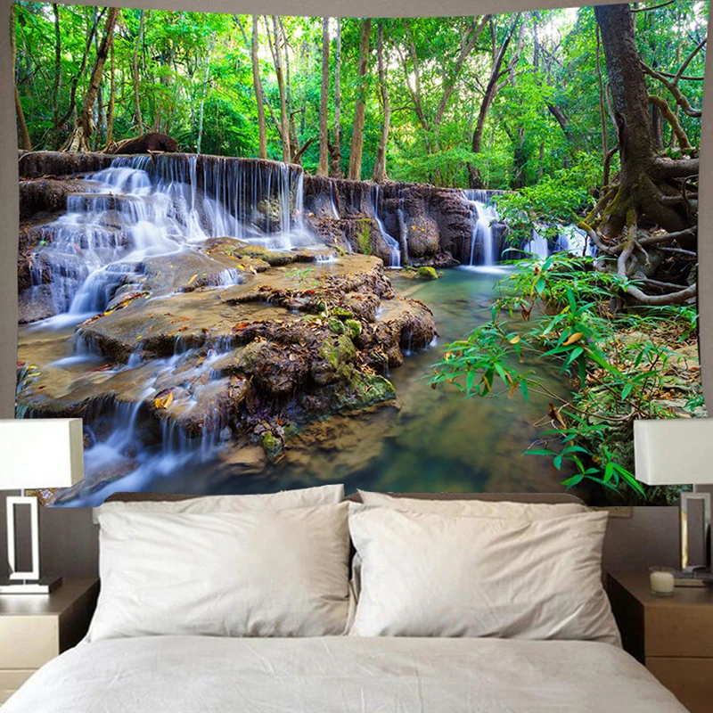 

1pcs home polyester forest background mountain water waterfall scenery tapestry background decorative tapestry S8A6293