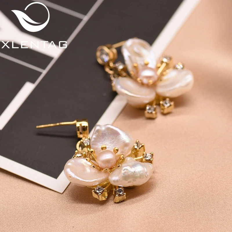 

XlentAg Original Design Handmade Natural Fresh Water Pearl Flower Drop Earrings For Women Wedding Luxury Jewelry Kolczyki GE0713