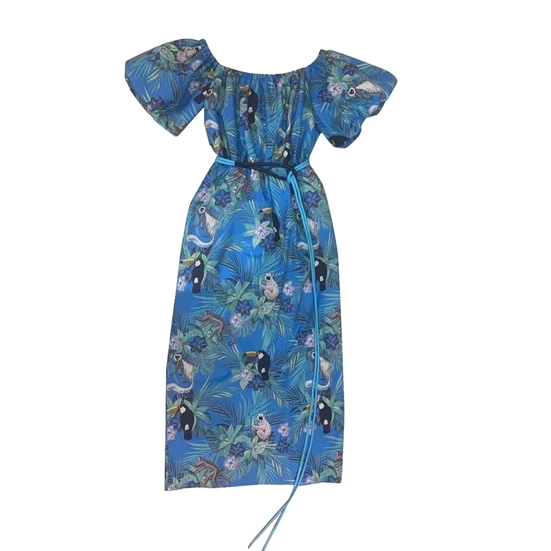 

Print Elegant Dresses For Women Slash Neck Puff Short Sleeve High Waist Sashes Midi Dresses Female 2021 Summer